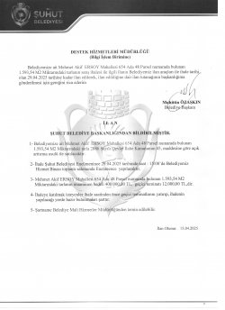 BELEDİMİZE AİT 654 ADA 48 PARSEL NUMARADA BULUNAN TARLANIN SATIŞ İHALESİ