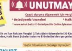EMLAK, ÇEVRE TEMİZLİK,İLAN REKLAM VERGİSİNDE SON GÜN 30 KASIM