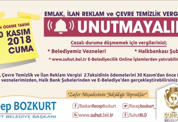 EMLAK, ÇEVRE TEMİZLİK,İLAN REKLAM VERGİSİNDE SON GÜN 30 KASIM