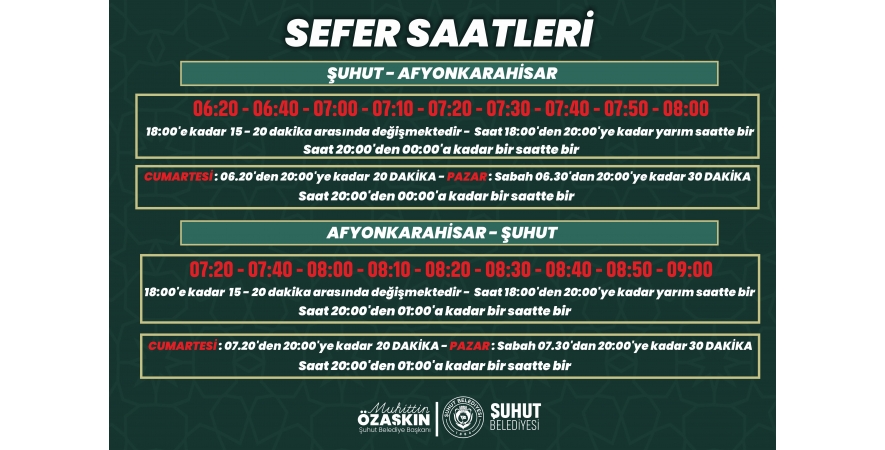 Şuhut-Afyonkarahisar Otobüs Sefer Saatleri
